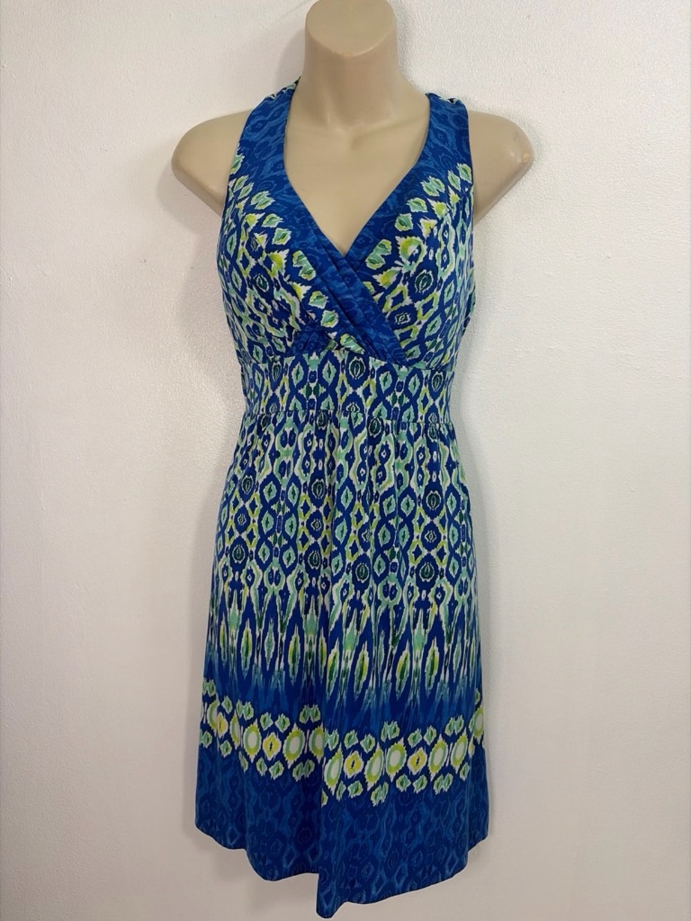 Soma Ikat Print Sundress Blue Green Surplice Neck Size Medium